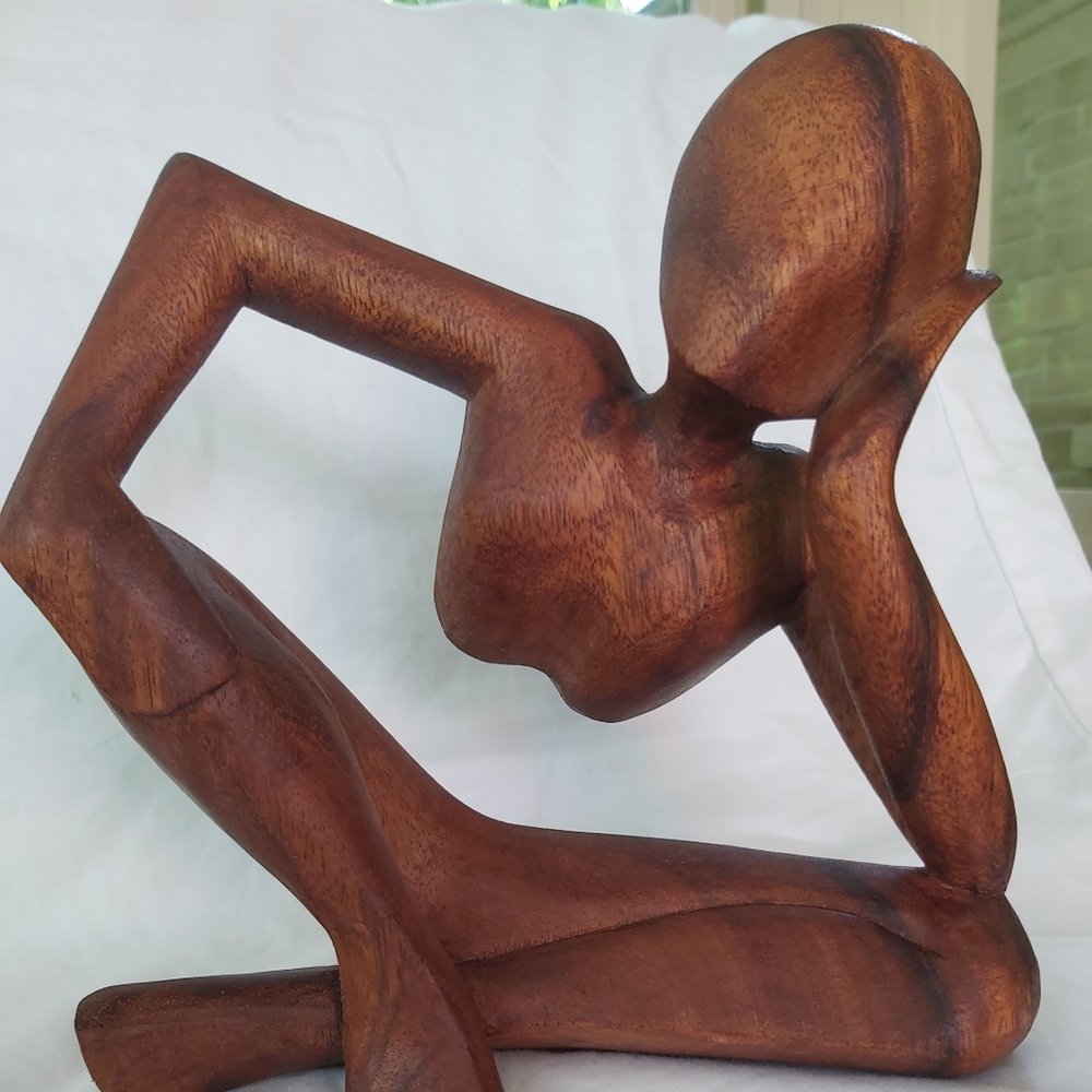 Abstract Sugar Wood Sculpture The Thinker Thinking Man Statue 8 Inch Hand Carved
